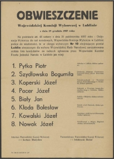Obwieszczenie Wojewódzkiej Komisji Wyborczej w Lublinie z dnia 29 grudnia 1957 roku.