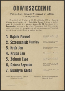Obwieszczenie Wojewódzkiej Komisji Wyborczej w Lublinie z dnia 29 grudnia 1957 roku.
