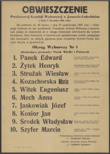 Obwieszczenie Powiatowej Komisji Wyborczej w Janowie-Lubelskim z dnia 2 stycznia 1958 roku.
