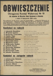 Obwieszczenie Okręgowej Komisji Wyborczej Nr 10 dla wyborów do Miejskiej Rady Narodowej w Gdańsku z dnia 8 listopada 1954 roku.