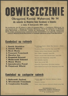 Obwieszczenie Okręgowej Komisji Wyborczej Nr 14 dla wyborów do Miejskiej Rady Narodowej w Gdańsku z dnia 8 listopada 1954 roku.