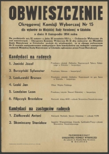 Obwieszczenie Okręgowej Komisji Wyborczej Nr 15 dla wyborów do Miejskiej Rady Narodowej w Gdańsku z dnia 8 listopada 1954 roku.