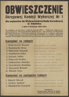 Obwieszczenie Okręgowej Komisji Wyborczej Nr 1 dla wyborów do Wojewódzkiej Rady Narodowej w Gdańsku z dnia 8 listopada 1954 roku.