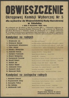 Obwieszczenie Okręgowej Komisji Wyborczej Nr 5 dla wyborów do Wojewódzkiej Rady Narodowej w Gdańsku z dnia 8 listopada 1954 roku.