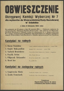 Obwieszczenie Okręgowej Komisji Wyborczej Nr 7 dla wyborów do Wojewódzkiej Rady Narodowej w Gdańsku z dnia 8 listopada 1954 roku.