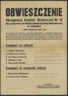 Obwieszczenie Okręgowej Komisji Wyborczej Nr 12 dla wyborów do Wojewódzkiej Rady Narodowej w Gdańsku z dnia 8 listopada 1954 roku.
