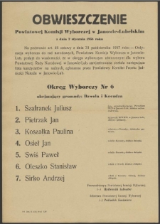 Obwieszczenie Powiatowej Komisji Wyborczej w Janowie-Lubelskim z dnia 2 stycznia 1958 roku.