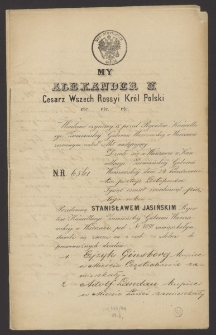 [Fragment archiwum rejenta Kancelarii Ziemiańskiej Guberni Warszawskiej Stanisława Jasińskiego]. Autograf.